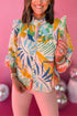 Abstract Leaf Print Ruffled High Neck Blouse