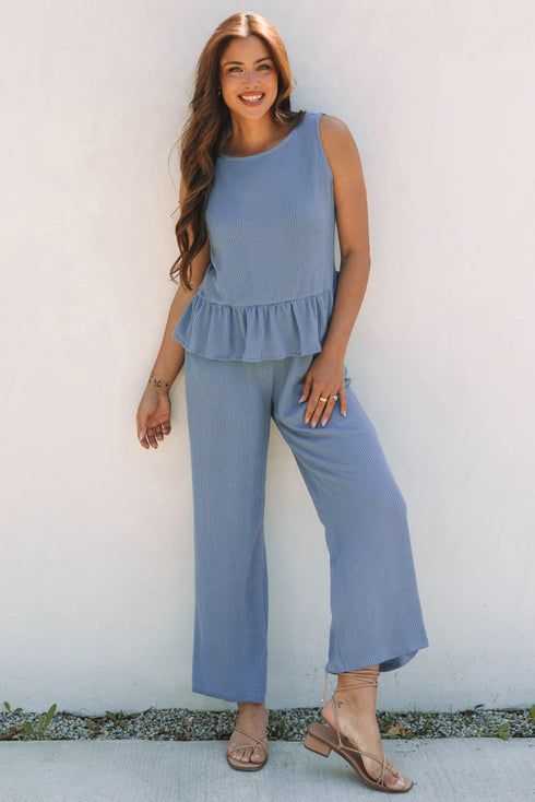 Textured Ribbed Ruffle Tank Top Wide Leg Pant Set
