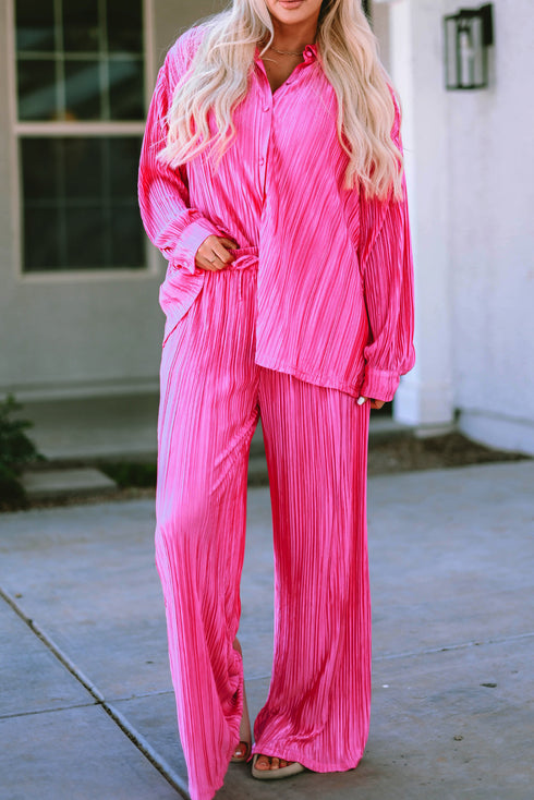 Pleated Long Sleeve Wide Leg Two Piece Loungewear