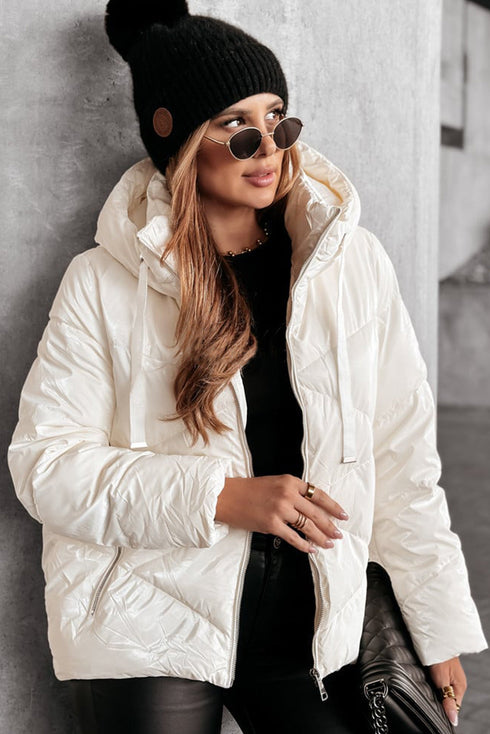 Casual Solid Quilted Hooded Zip Up Puffer Jacket