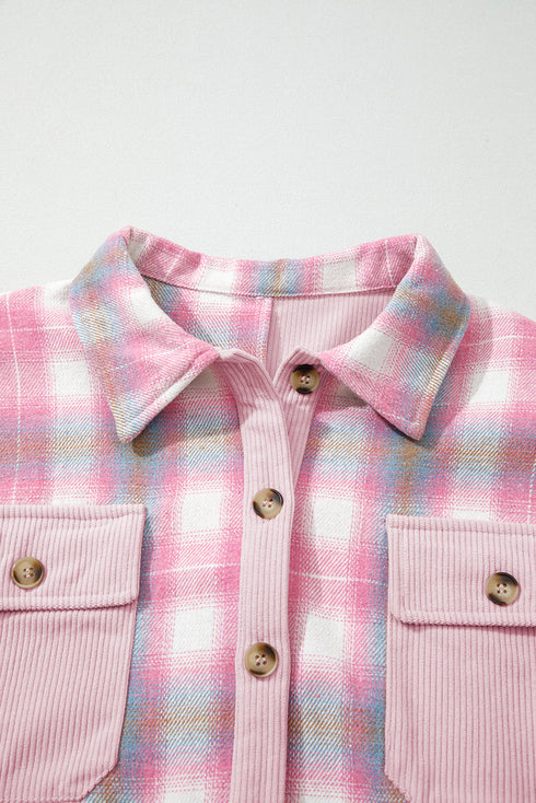 Brushed Plaid Corduroy Patchwork Flap Pocket Shacket