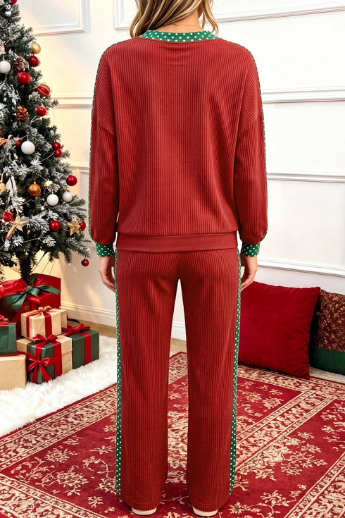 Polka Dot Trim Ribbed Patchwork Long Sleeve Pant Set