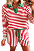 Striped Trim Polo Collar Drawstring Elastic Waist Band Two Piece Outfit Short Set