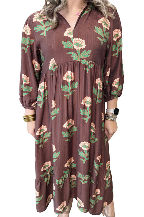 Floral V Neck Long Sleeve Loose Shift Maxi Dress