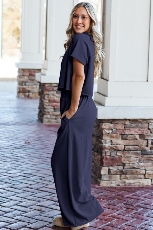 Smocked Raw Hem Loose Tee Wide Leg Pant Sets