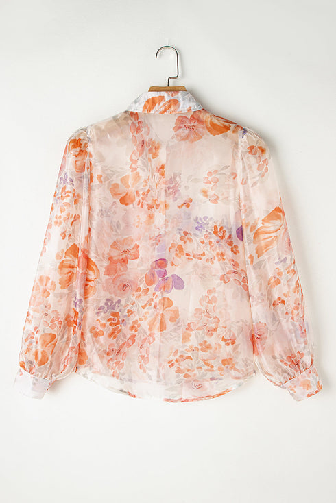 Abstract Floral Balloon Sleeve Button Down Blouse