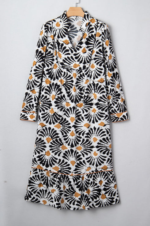 Abstract Floral Print A Line Split Neck Maxi Dress