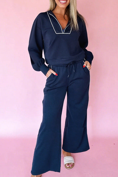 Casual Piping Zipped Pullover Wide Leg Pant Set