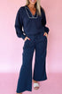 Casual Piping Zipped Pullover Wide Leg Pant Set