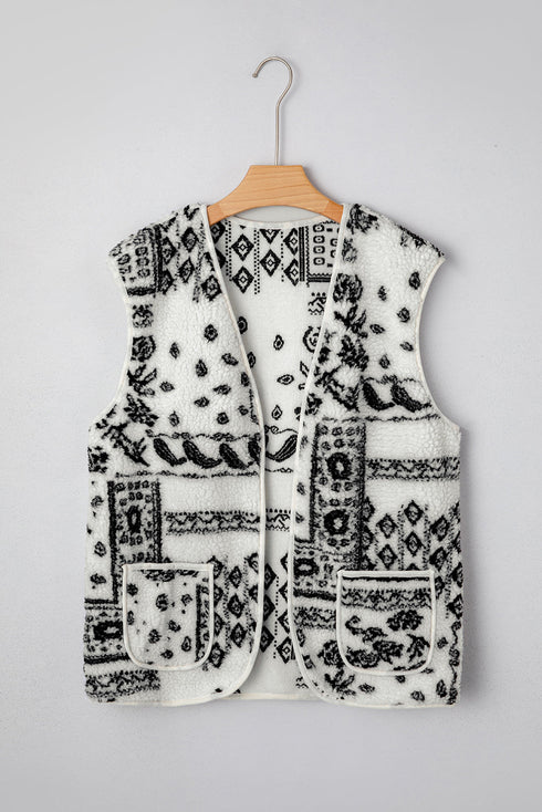 Sherpa Fleece Paisley Print Pocketed Western Vest