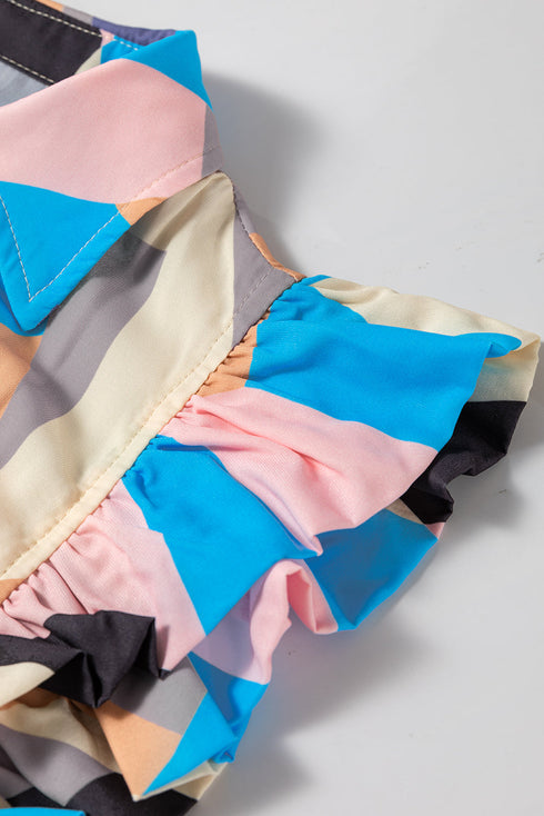 Abstract Geometric Print Flutter Sleeve Collared Tiered Dress