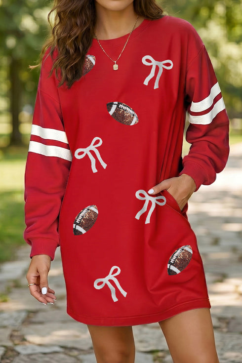 Sequin Rugby Bow Graphic Varsity Striped Sleeve Shift Dress