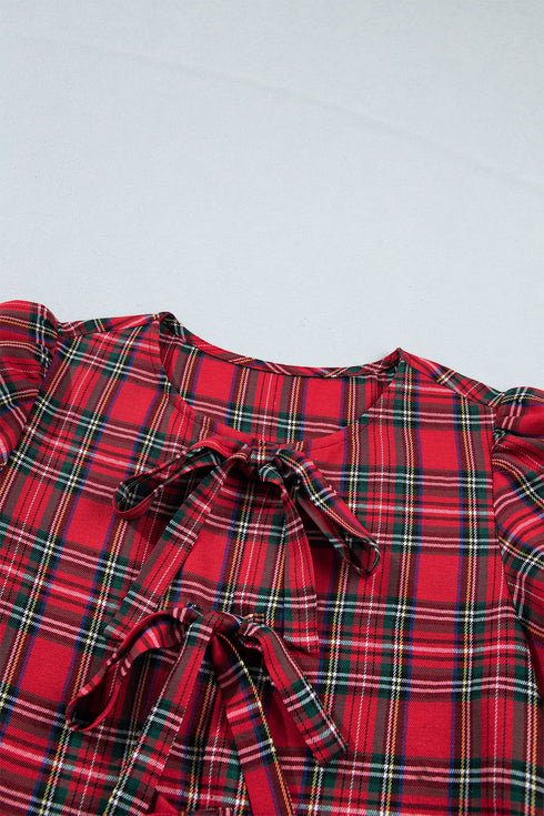 Plaid Knot Neck Short Sleeve Shift Midi Dress