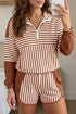 Striped Patchwork Quarter Zip Pullover Sporty Short Set