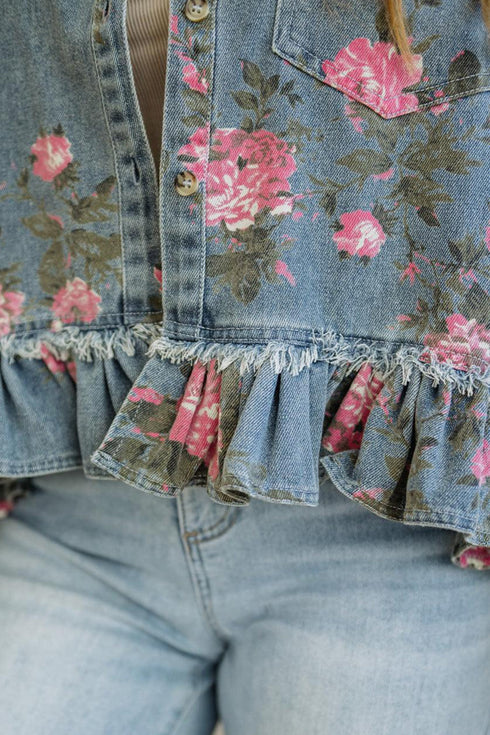 Floral Print Raw Seam Ruffle Hem Denim Jacket