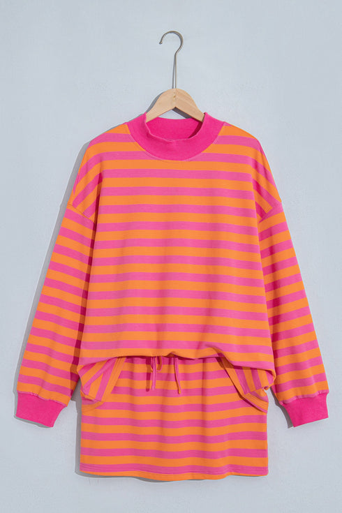 Striped Patchwork Mock Neck Pullover Dress Set