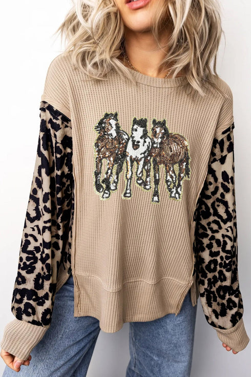 Sequined Western Horse Leopard Sleeve Patchwork Waffle Long Sleeve Tee
