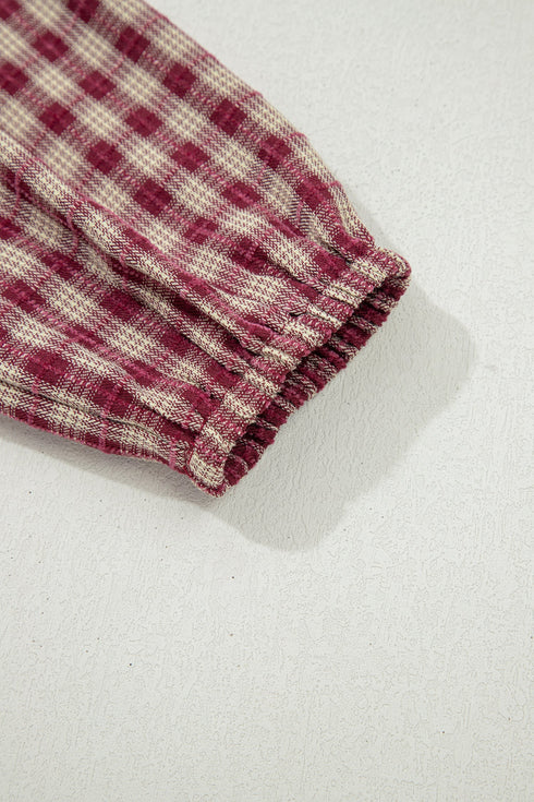 Country Plaid Keyhole Pleated Button Detail Long Sleeve Blouse