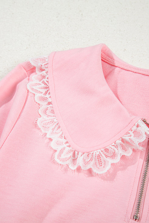 Lace Trim Peter Pan Sweatshirt Skirt Two Piece Dress