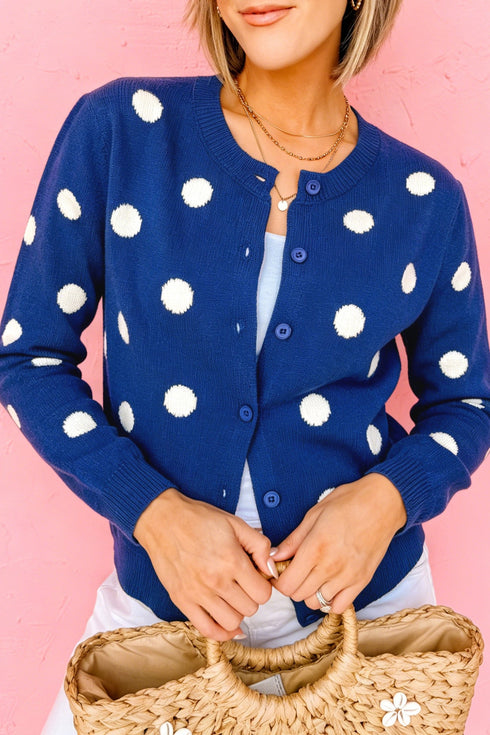 Polka Dot Button Front Long Sleeve Sweater Cardigan