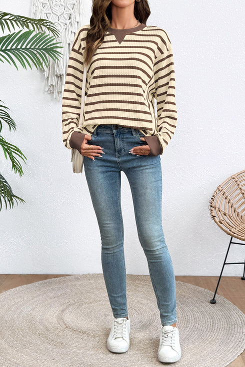 Striped Pattern Patchwork Ribbed Cuff Pullover Sweatshirt