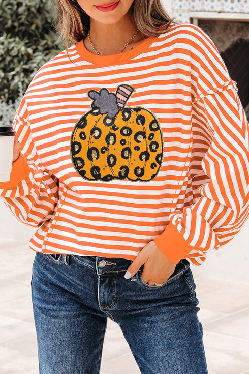 Striped Leopard Pumpkin Graphic Print Pullover Sweatshirt