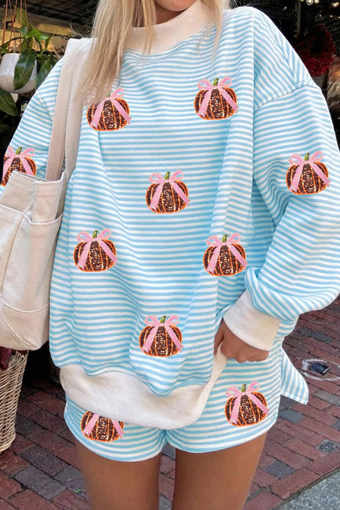 Sequined Pumpkin Baggy Pullover Coordinated Graphic Short Set
