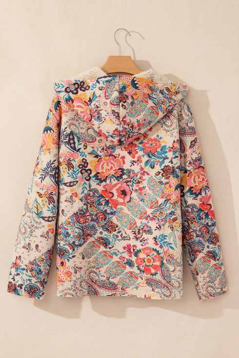 Bohemian Floral Print Sherpa Lined Fleece Hooded Jacket