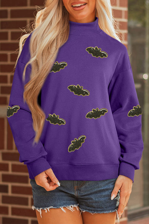 Sequin Bat Pattern Mock Neck Graphic Sweatshirt