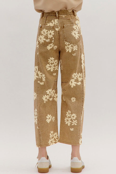 Floral Print Metal Button Pleated Straight Leg Jeans