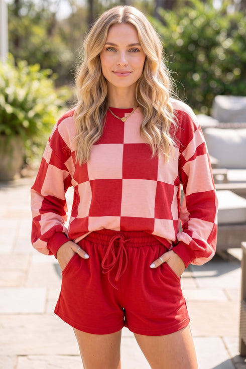 Checkerboard Plaid Long Sleeve Top Clean Finish Short Set