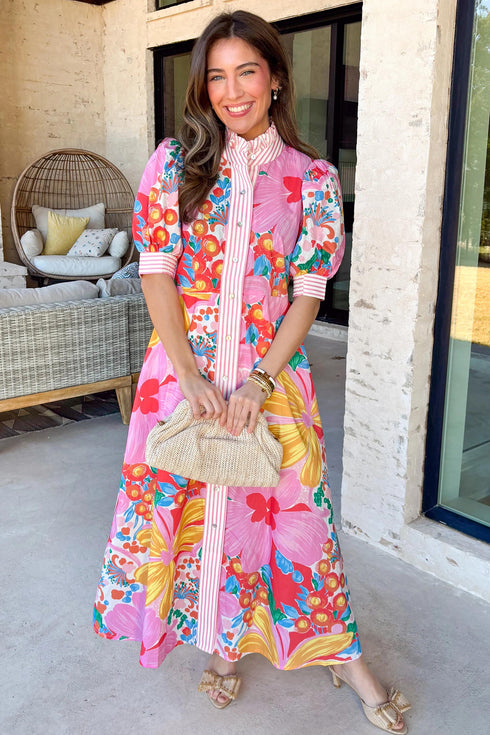 Floral Print Striped Trim Button Down Short Sleeve Dress