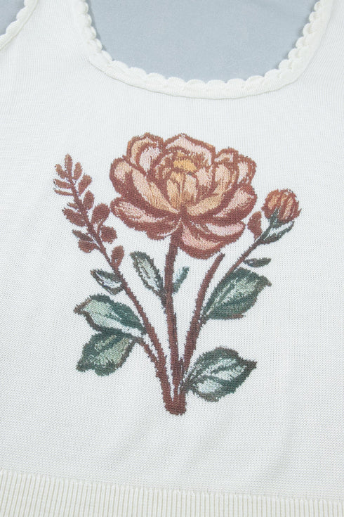 Plus Size Floral Knit Scalloped Trim Square Neck Sweater Vest