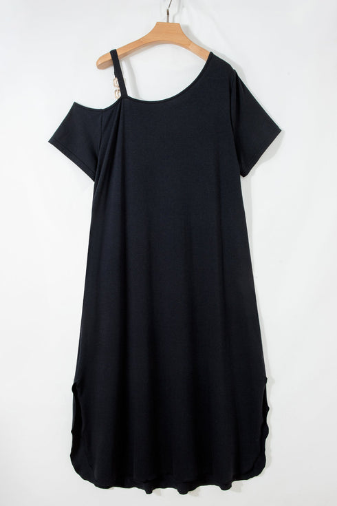 Solid Asymmetric Shoulder Detail Short Sleeve Maxi Dress