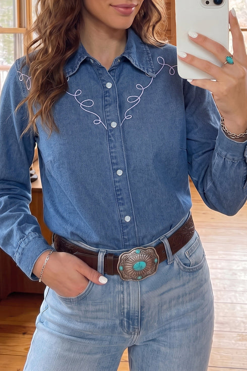 Embroidered Collar Western Long Sleeve Denim Shirt