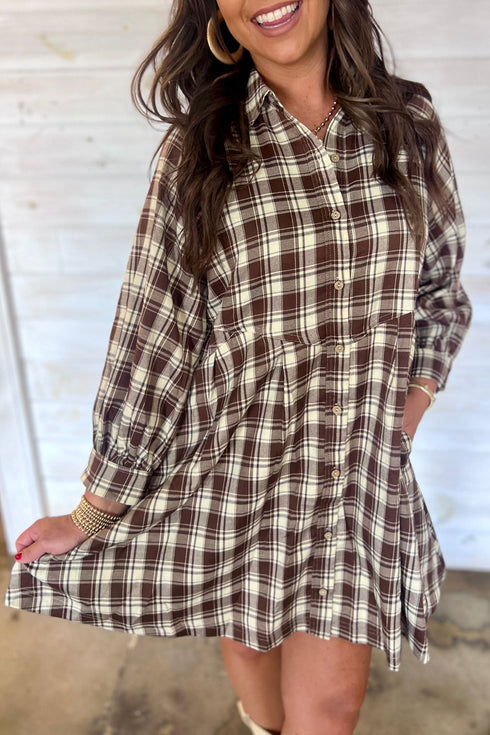 Plaid Long Sleeve Short Shift Mini Dress