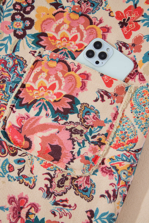 Bohemian Floral Print Sherpa Lined Fleece Hooded Jacket