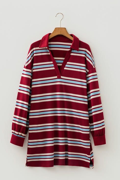 Retro Striped Polo Collar Long Sleeve Shift Mini Dress