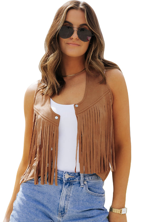 Western Fringed Suedette Faux Leather Snap Button Vest