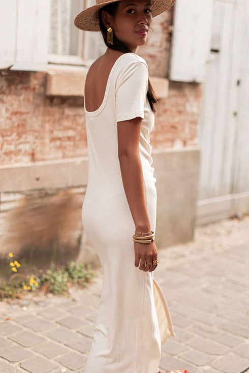 Short Sleeve Ribbed Button Front Ruched Maxi Dress