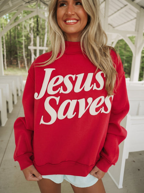 Jesus Saves Slogan Stand Neck Baggy Sweatshirt