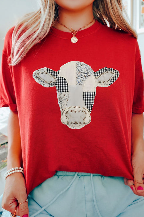 Cow Print Western Patchwork Round Neck Tee