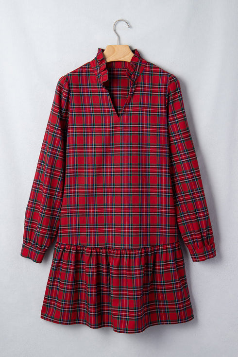 Plaid Long Sleeve Shift Silhouette Decoration Mini Dress