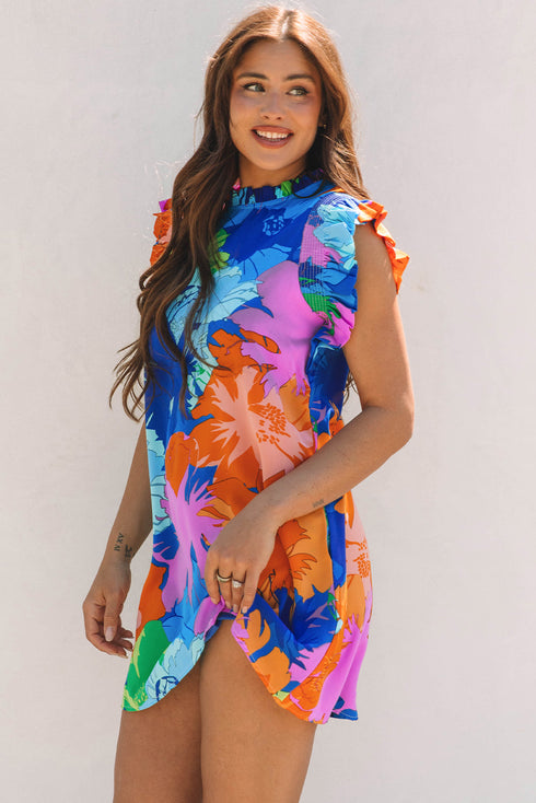 Bohemian Ruffle Sleeve Shift Silhouette Pocketed Mini Floral Dress