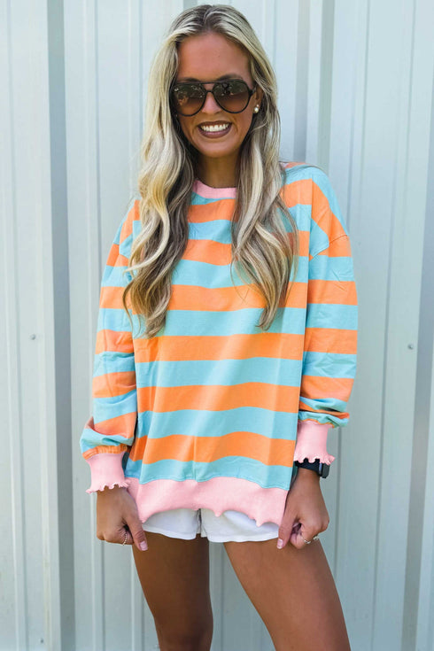 Striped Ribbed Trim Round Neck Long Sleeve Shift Top