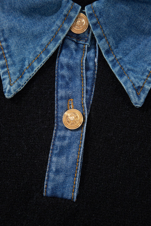 Acrylic Polyester Denim Patchwork Collar Cuffed Sweater