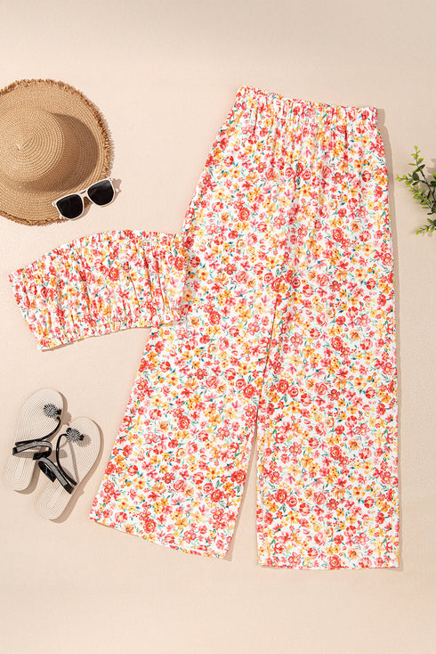 Bohemian Floral Print Bandeau Wide Leg Pant Set