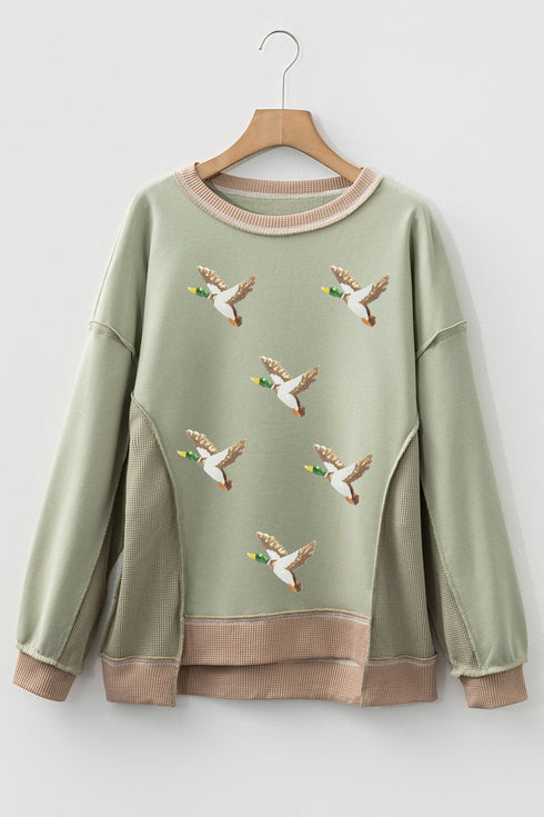Sequined Mallard Duck Waffle Patchwork Western Graphic Sweatshirt