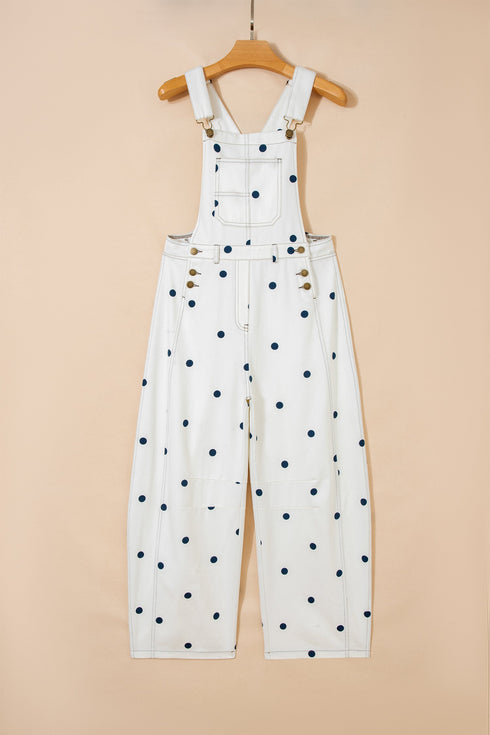 Polka Dot Print Bib Pocket Denim Barrel Overalls Jumpsuit
