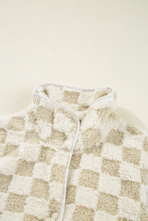 Checkered Sherpa Fleece Snap Button Pocket Vest
